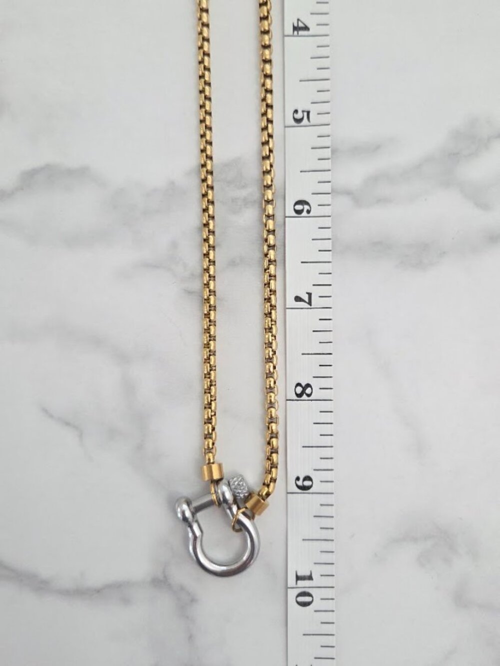 Stainless Steel Two Tone Horseshoe Shackle Clasp Box Chain Pendant Necklace - Picture 14 of 14